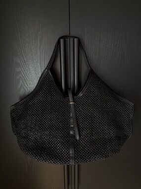 Black Woven Tote Bag - Minimal Leather Trim